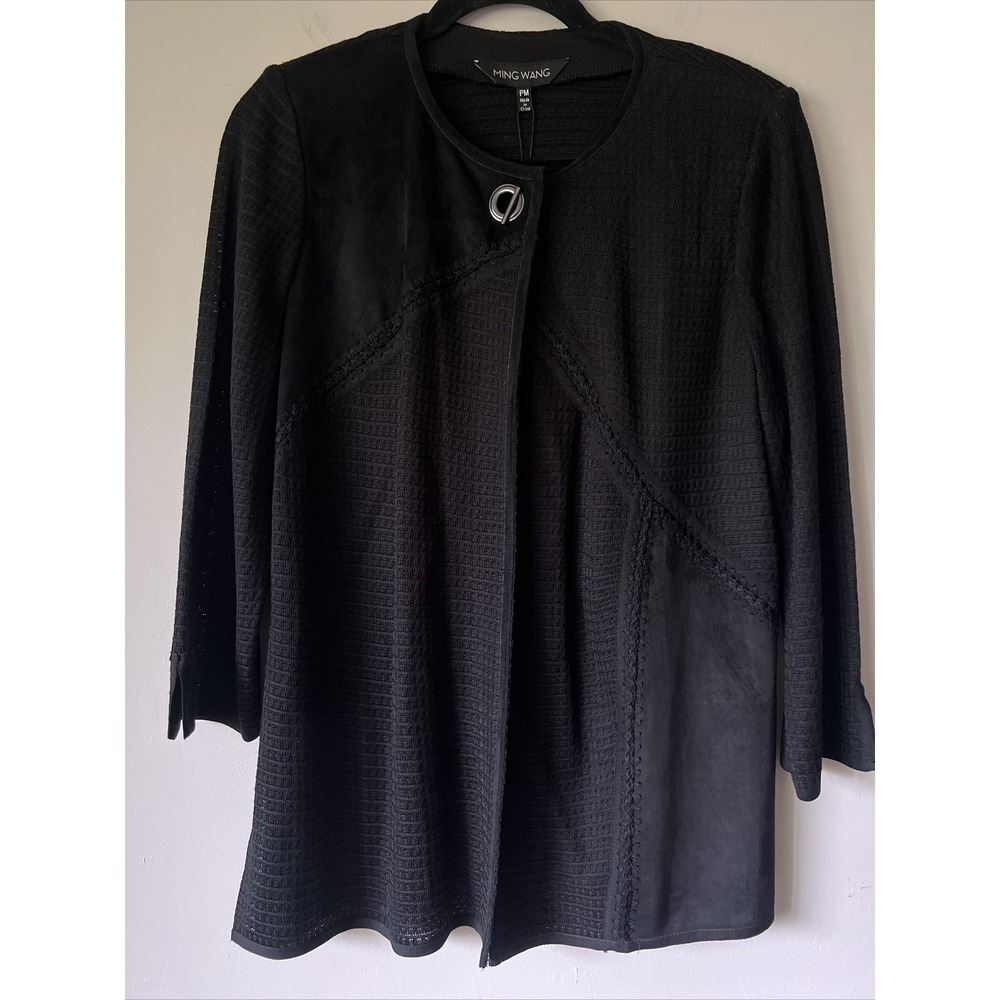 Ming Wang Women's Black Knit Cardigan Topper Size PM Elegant Toggle Clasp 3/4